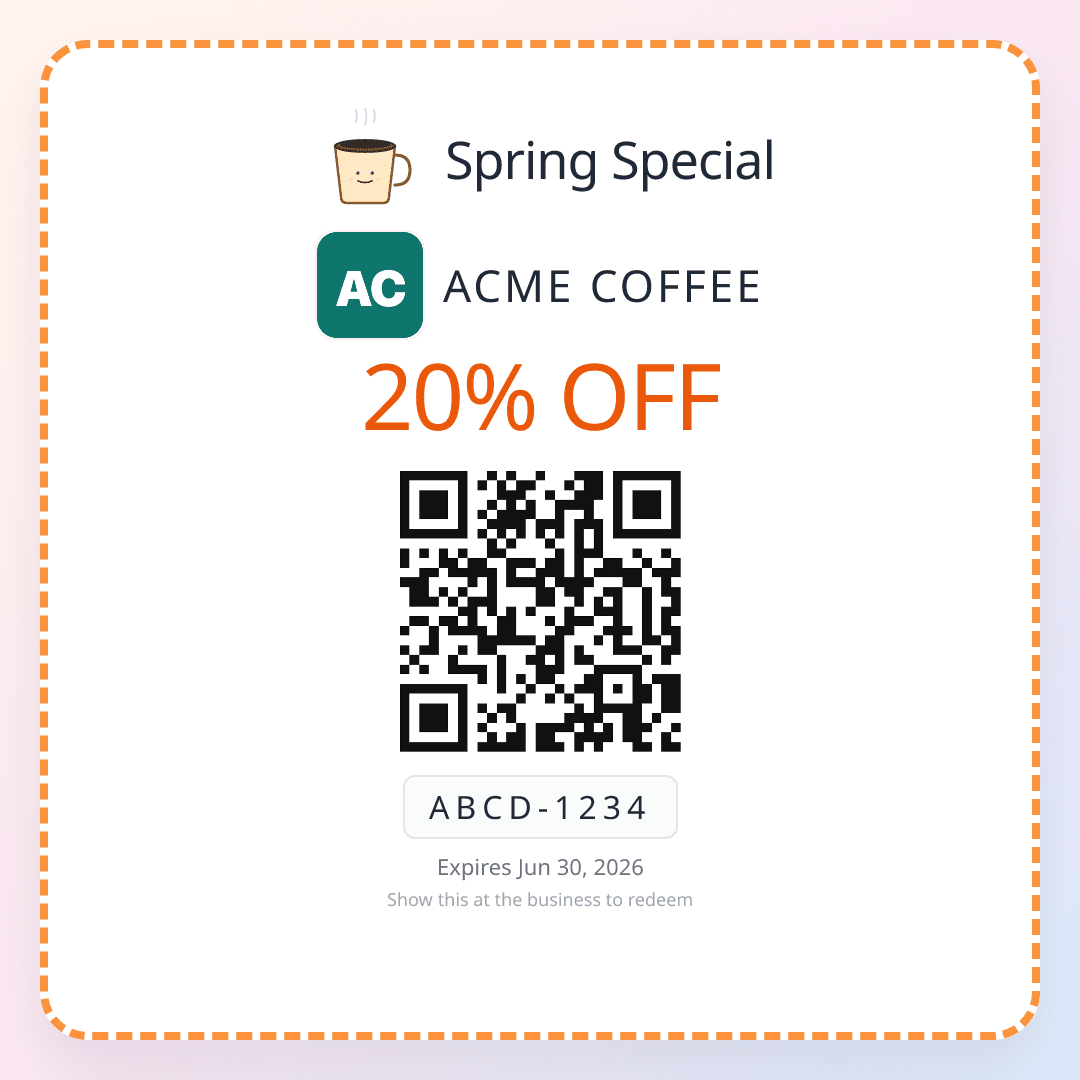 Single-use QR coupon sticker — Spring Special, Acme Coffee, 20% off