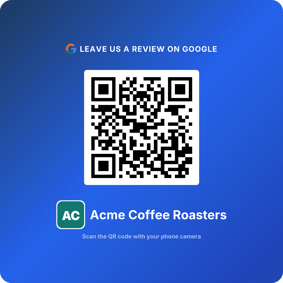 Pro QR card with business logo for Acme Coffee Roasters — leave us a review on Google