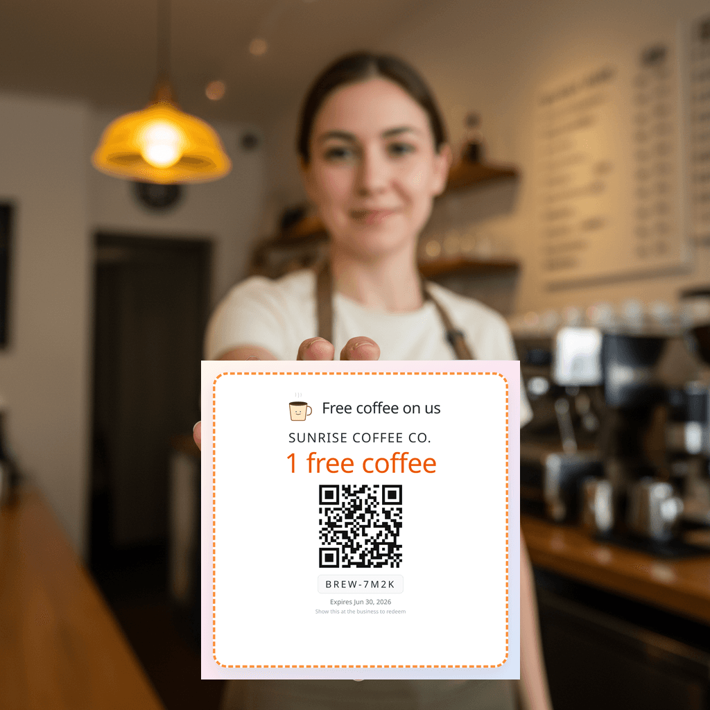 A friendly barista handing a single-use QR coupon for a free coffee to a customer