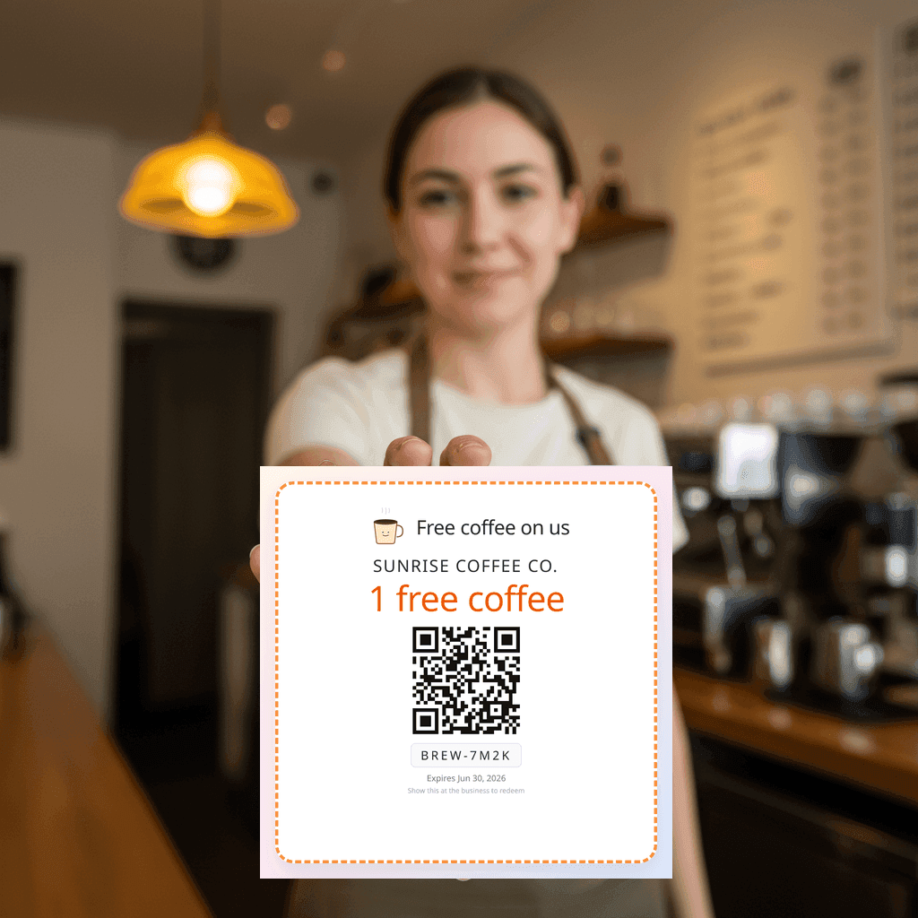A friendly barista handing a single-use QR coupon for a free coffee to a customer
