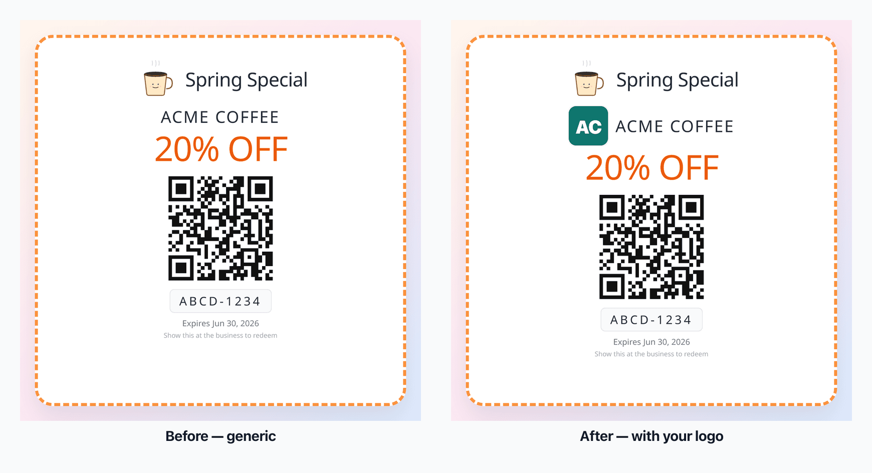 Coupon sticker before and after adding a business logo