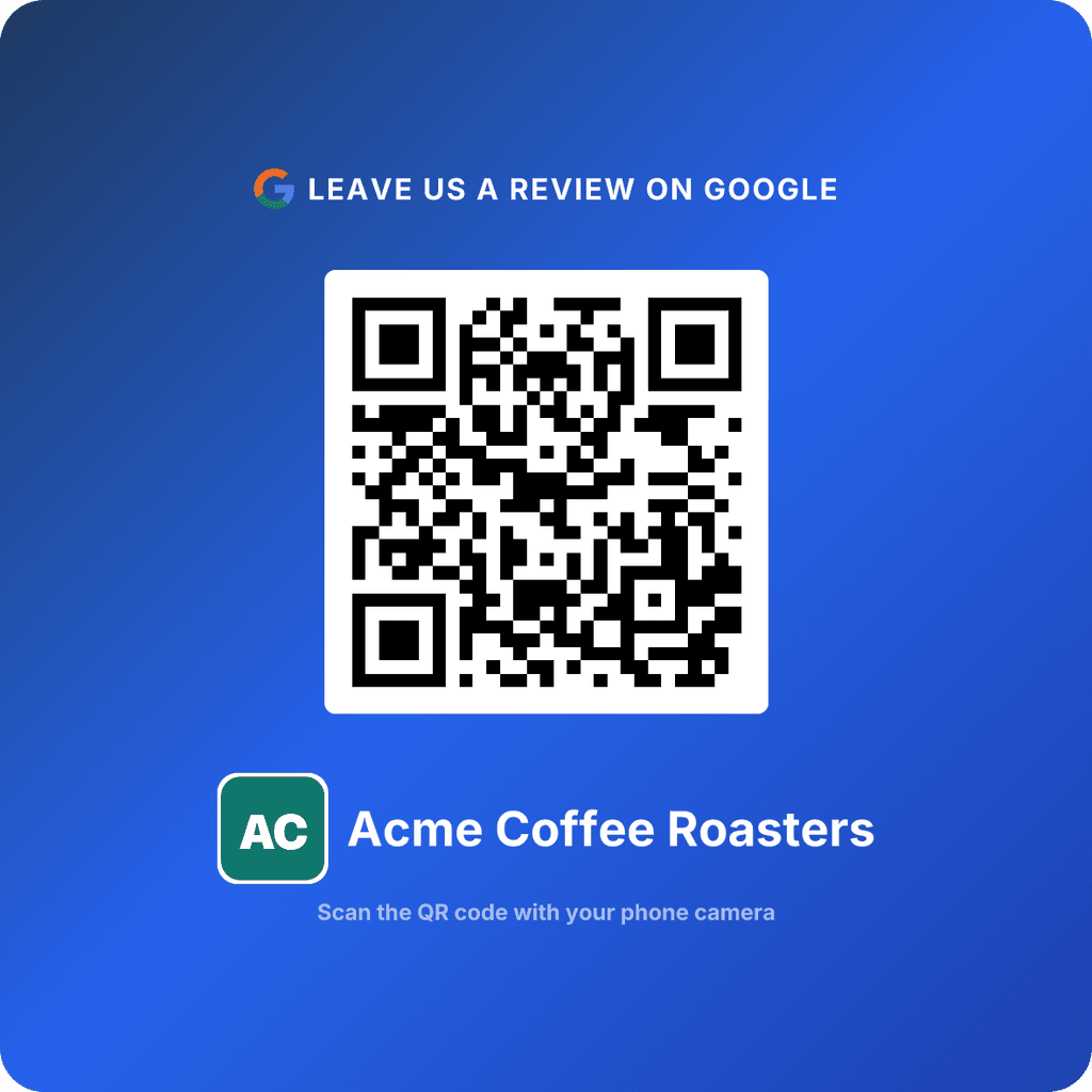 A printed ReviewQR card: Leave us a review on Google, a QR code, the business logo and name