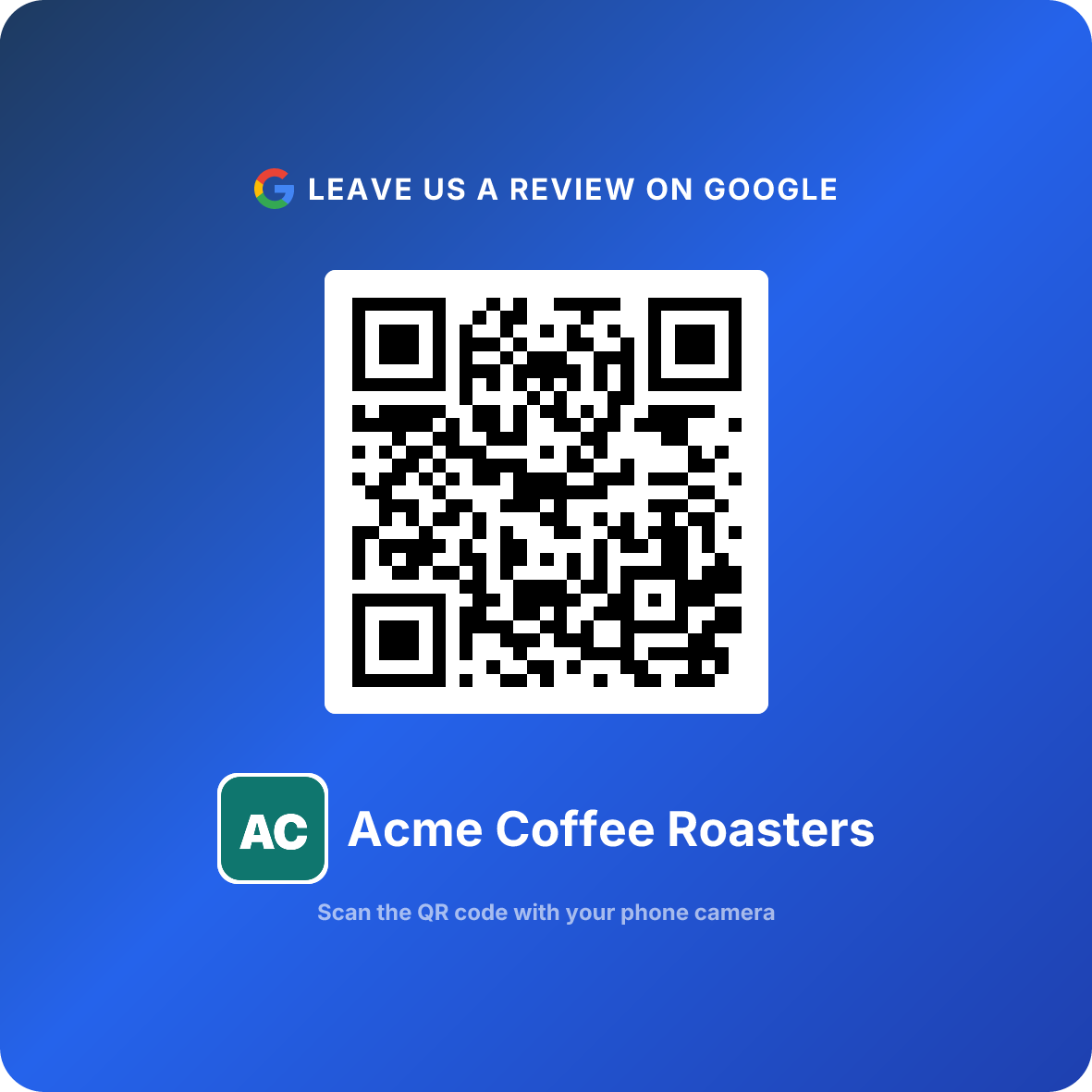 A Google review QR card created in ReviewQR